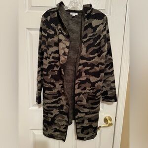 Nine West, green/black/gray hooded, long sweater cardigan, size medium